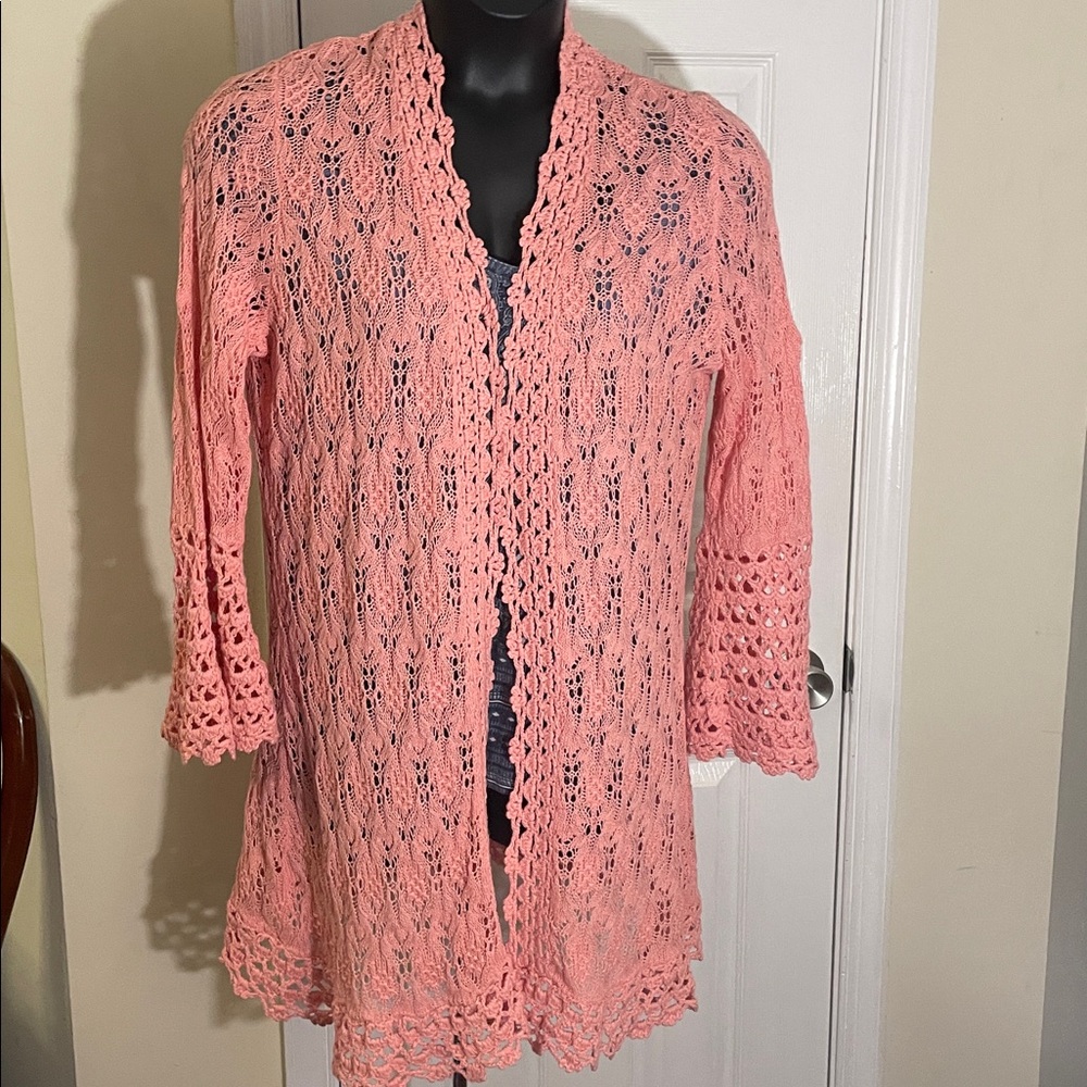 Lucky Brand Blue Patterned Top w/Peach/Coral Crochet Duster L/XL
